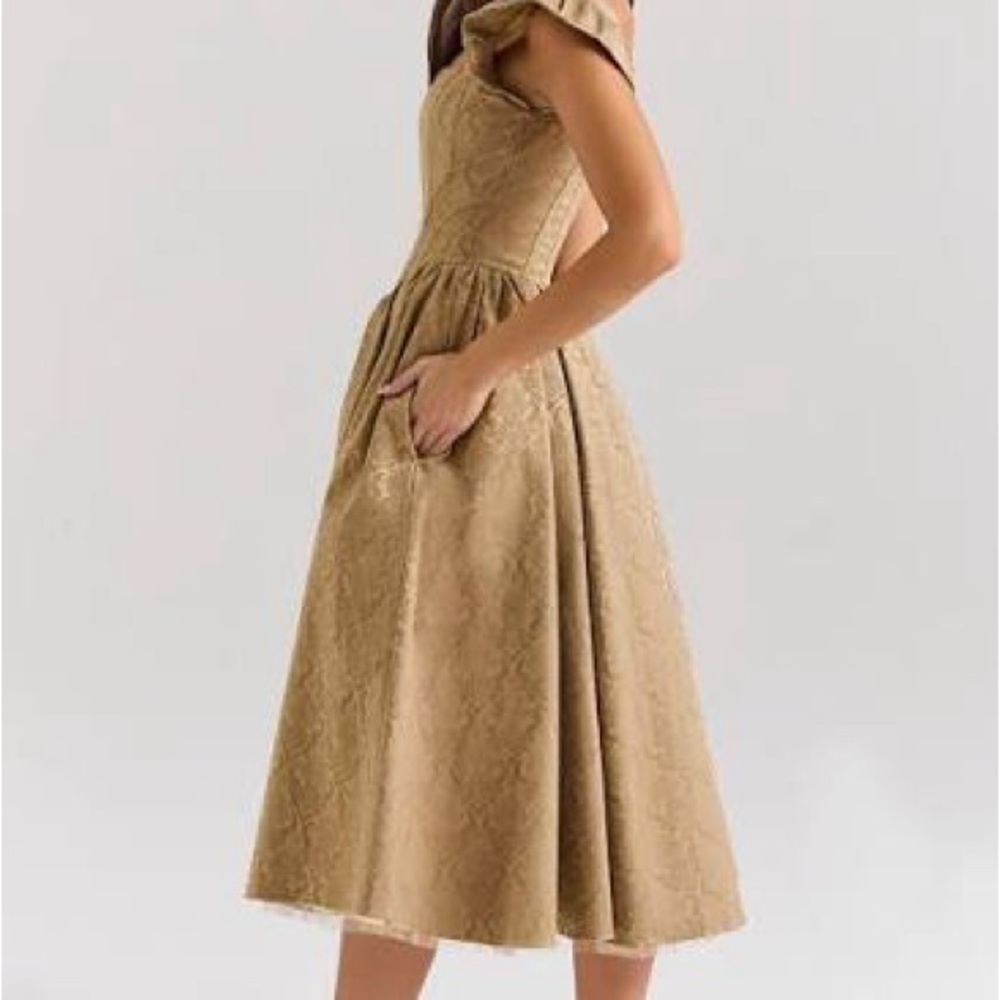 House of CB Brown Midi Dress Ruffle Sleeves xs Alessandra corset jacquard gold - Picture 4 of 12